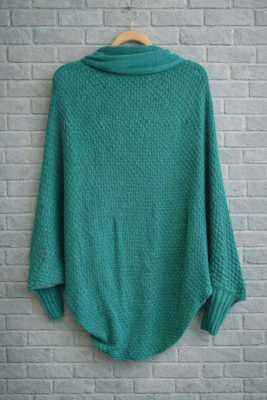 Open Front Green Batwing Sleeve Chunky Knit Cardigan One Size